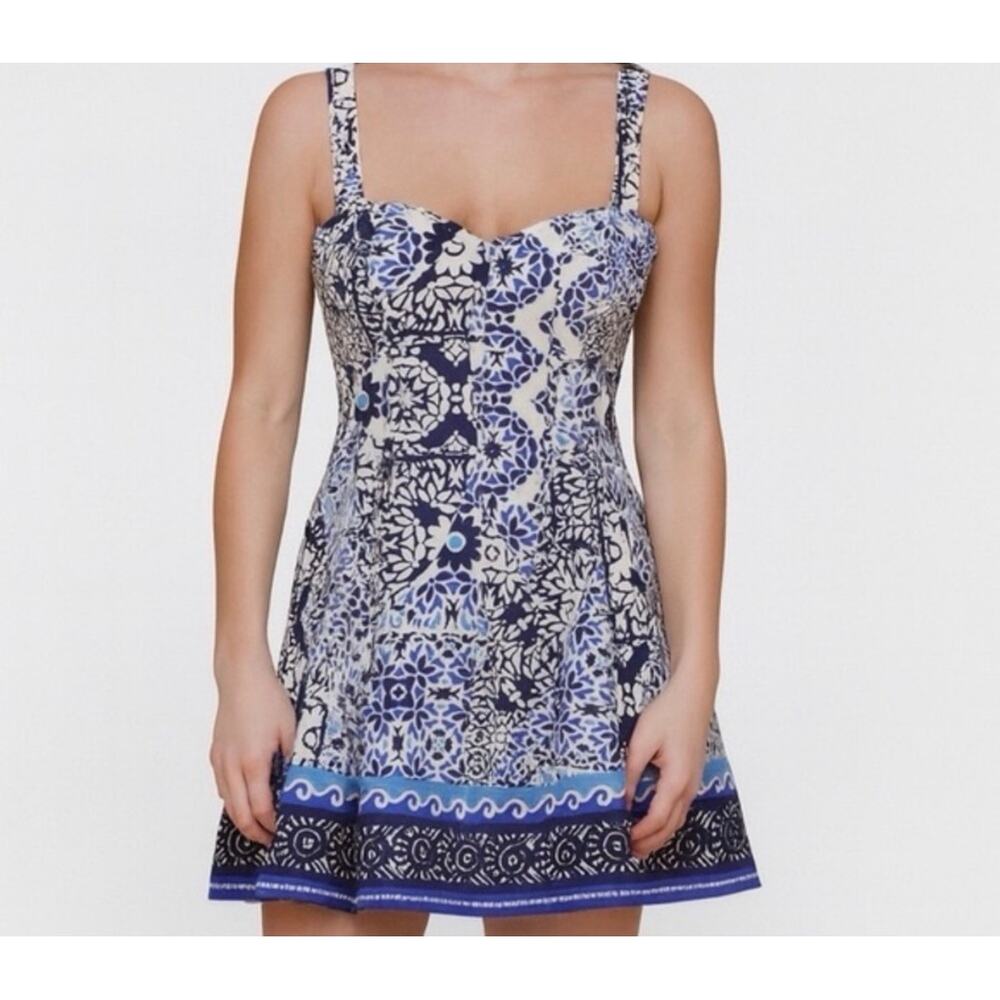 Avec Les Filles Blue and White Mosaic Tile Print Sundress - Size 10